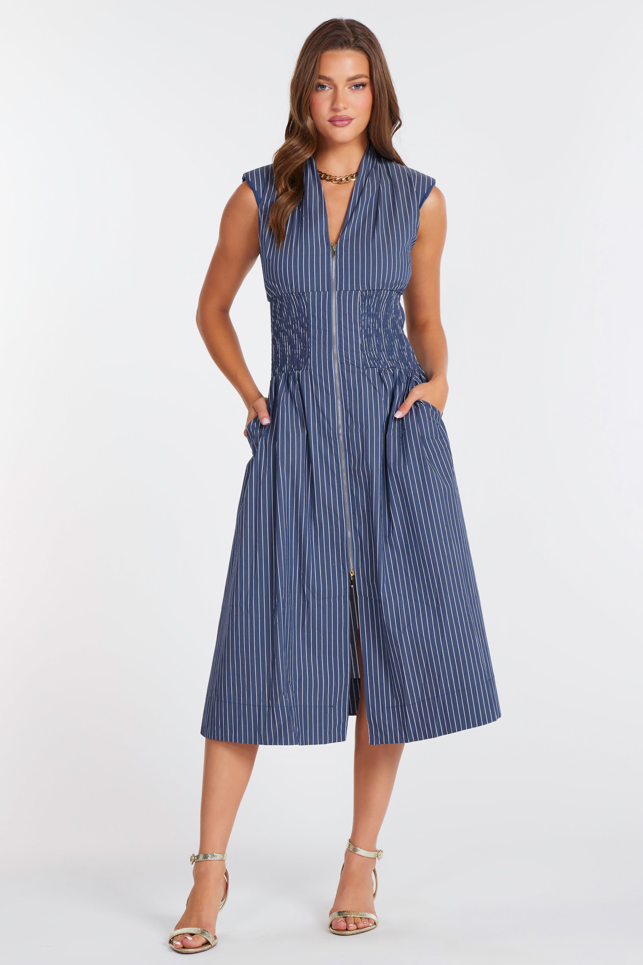 Bishop + Young | Skye Zip Front Dress INDIGO STRIPE / S Bishop + Young | Skye Zip Front Dress INDIGO STRIPE / S